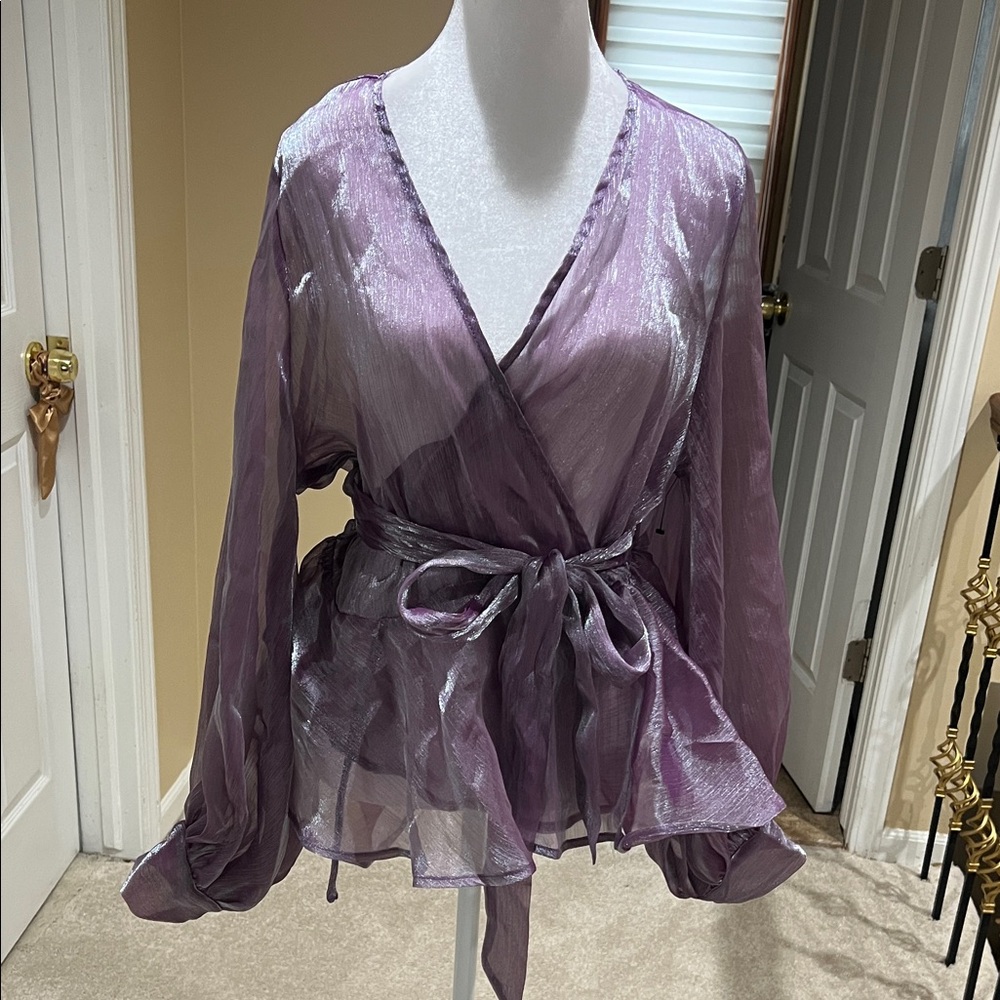 AKIRA Purple Sheer Wrap Blouse